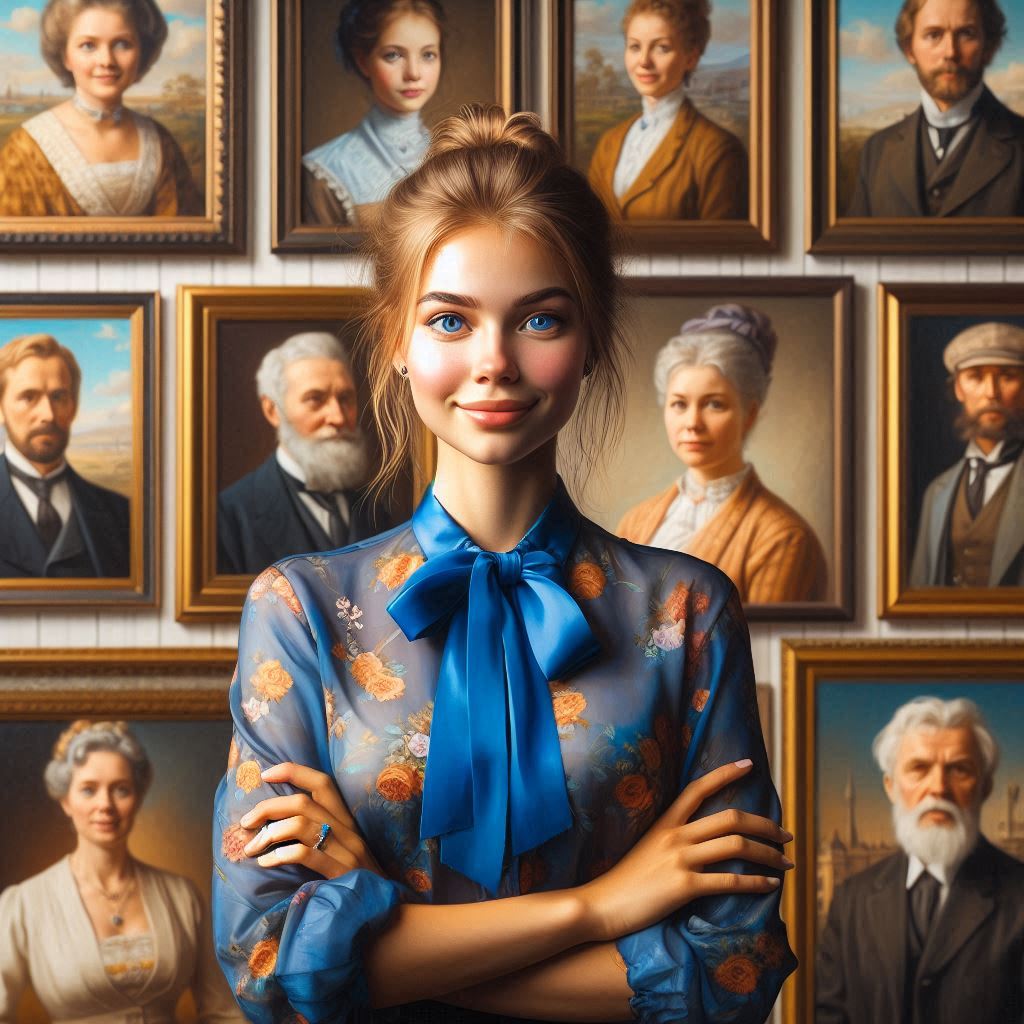 Une jeune femme posant devant les tableau de sa famille.